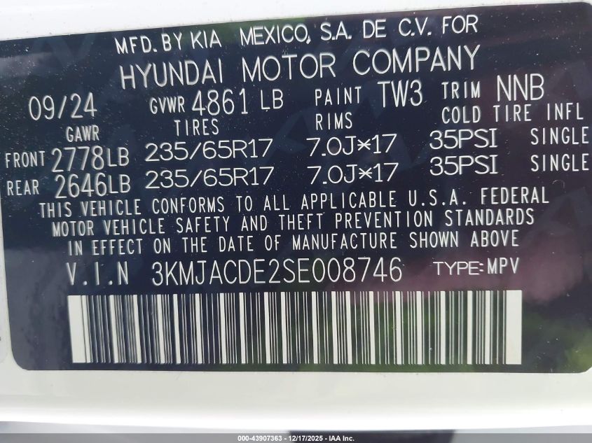 2025 Hyundai Tucson Se VIN: 3KMJACDE2SE008746 Lot: 43907363