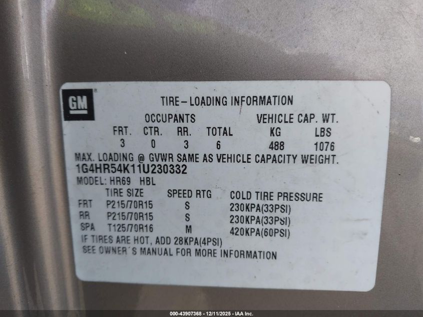 2001 Buick Lesabre Limited VIN: 1G4HR54K11U230332 Lot: 43907368