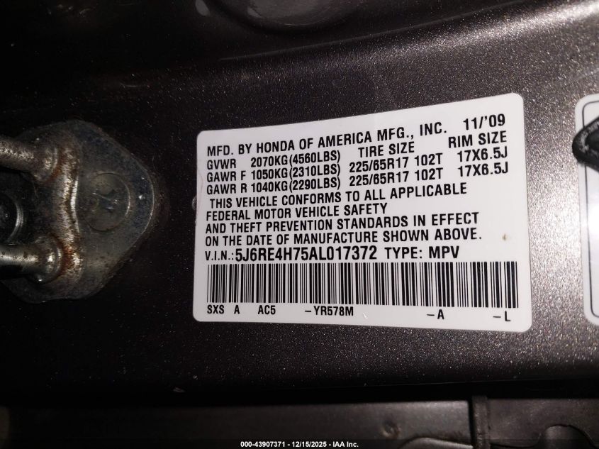 2010 Honda Cr-V Ex-L VIN: 5J6RE4H75AL017372 Lot: 43907371