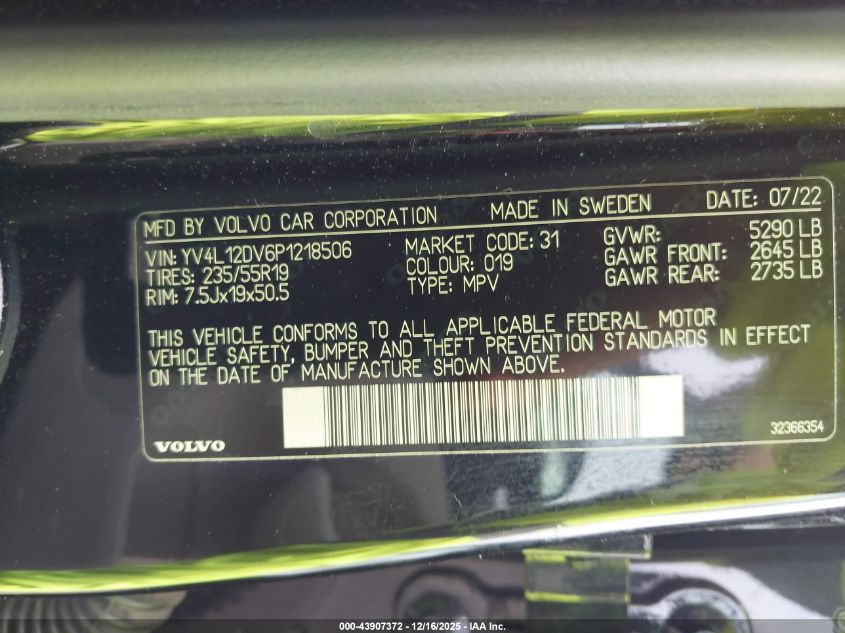 2023 Volvo Xc60 B5 Core VIN: YV4L12DV6P1218506 Lot: 43907372