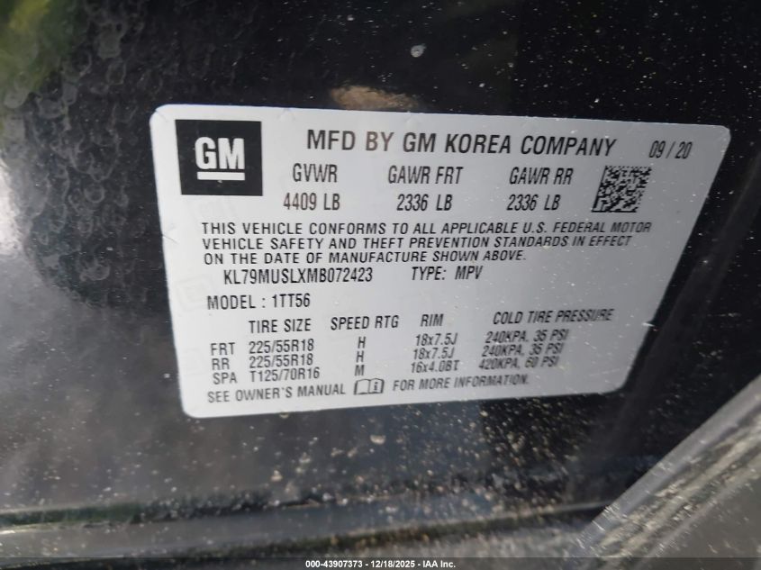 2021 Chevrolet Trailblazer Awd Rs VIN: KL79MUSLXMB072423 Lot: 43907373