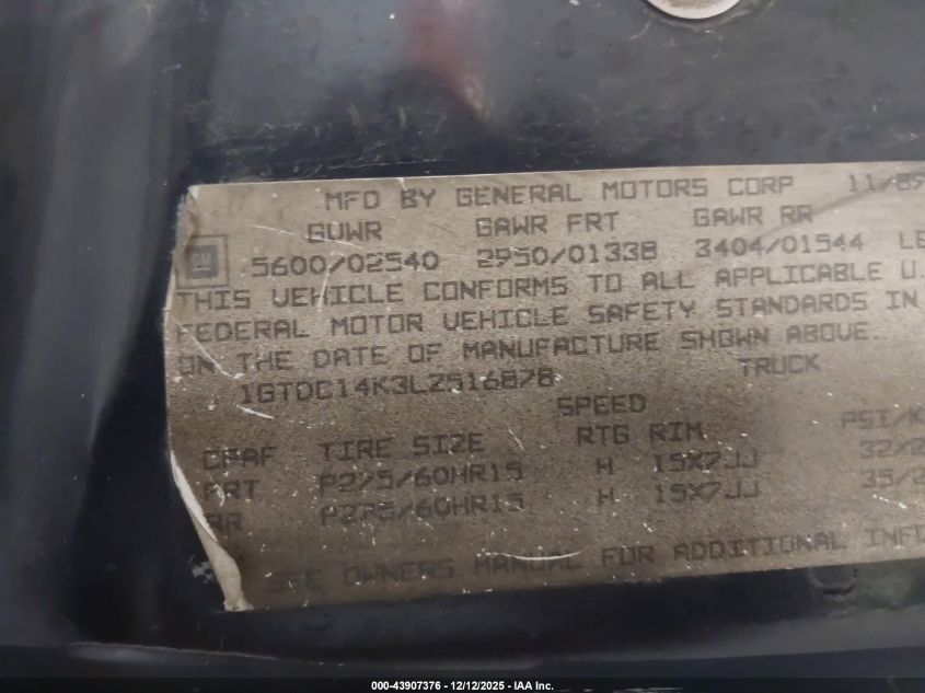 1990 GMC Sierra C1500 VIN: 1GTDC14K3LZ516878 Lot: 43907376