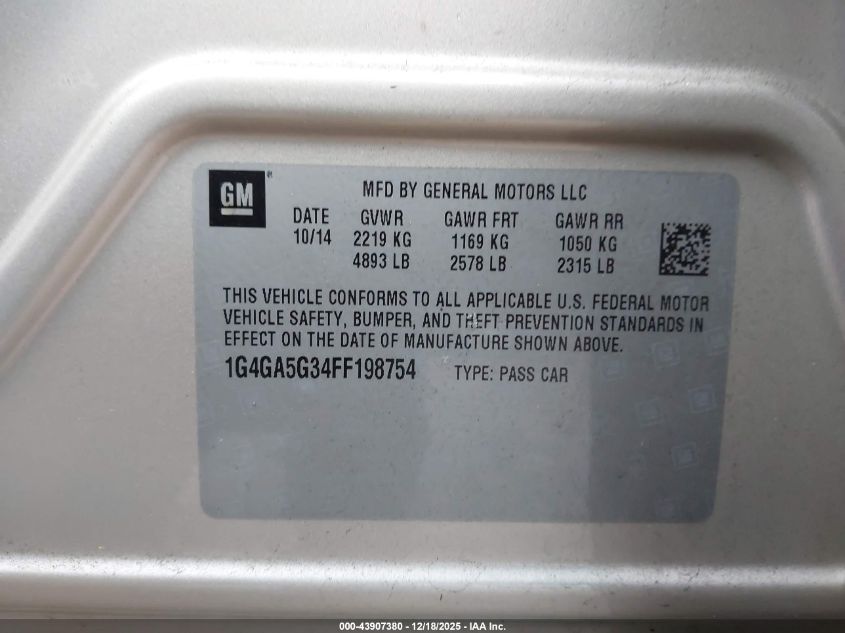2015 Buick Lacrosse VIN: 1G4GA5G34FF198754 Lot: 43907380