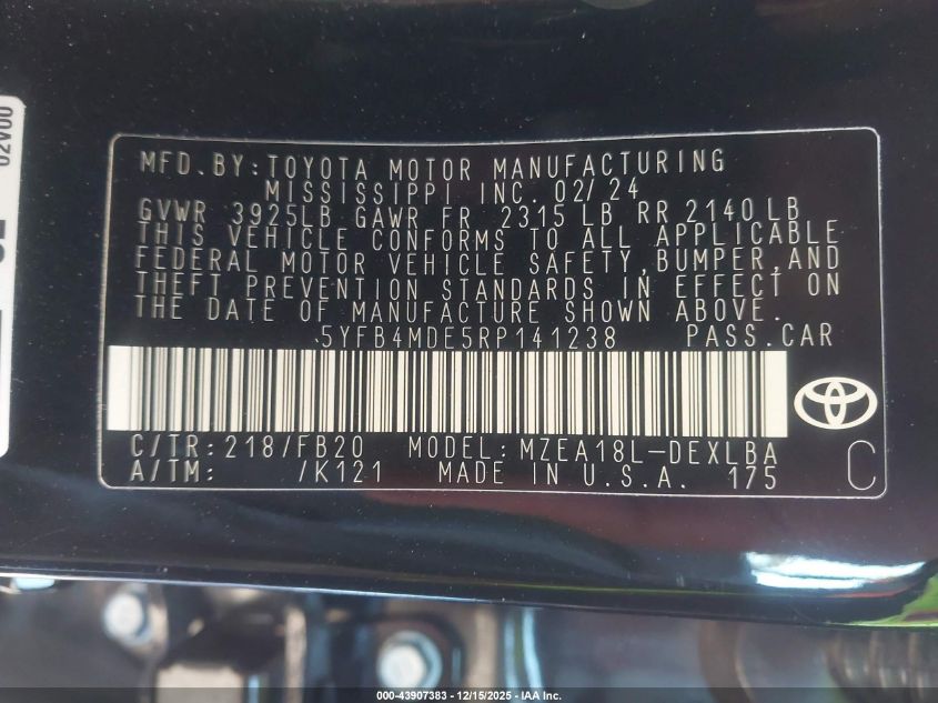 2024 Toyota Corolla Le VIN: 5YFB4MDE5RP141238 Lot: 43907383