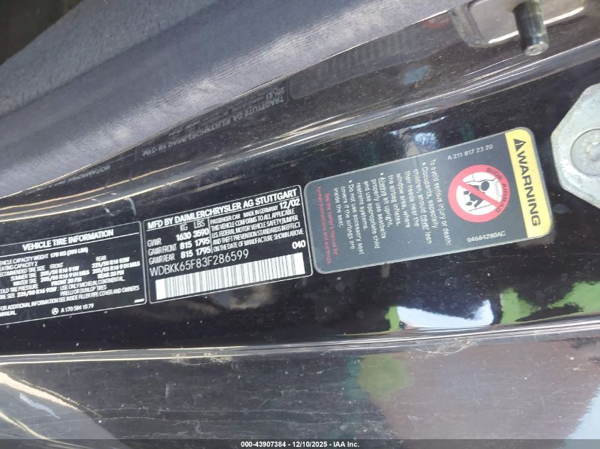 2003 Mercedes-Benz Slk 320 VIN: WDBKK65F83F286599 Lot: 43907384