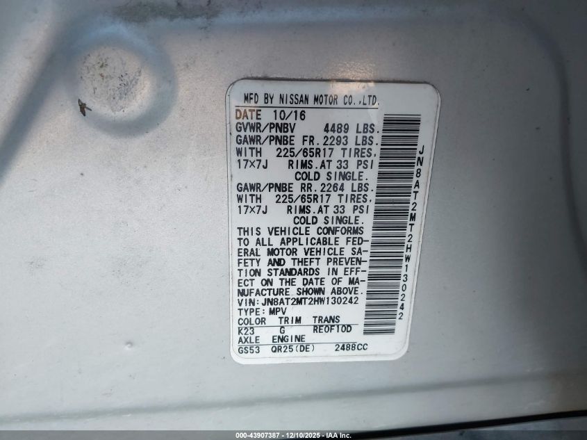 2017 Nissan Rogue S VIN: JN8AT2MT2HW130242 Lot: 43907387