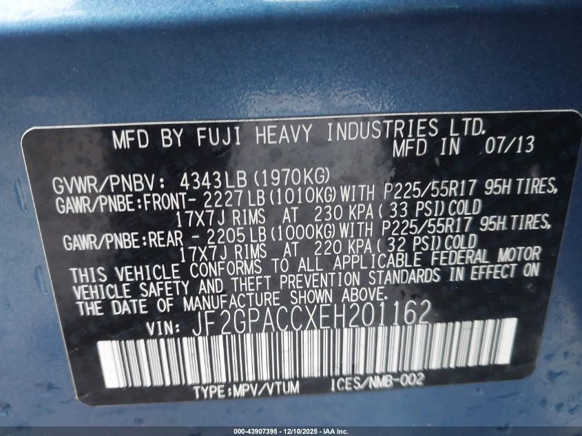 2014 Subaru Xv Crosstrek 2.0I Premium VIN: JF2GPACCXEH201162 Lot: 43907395