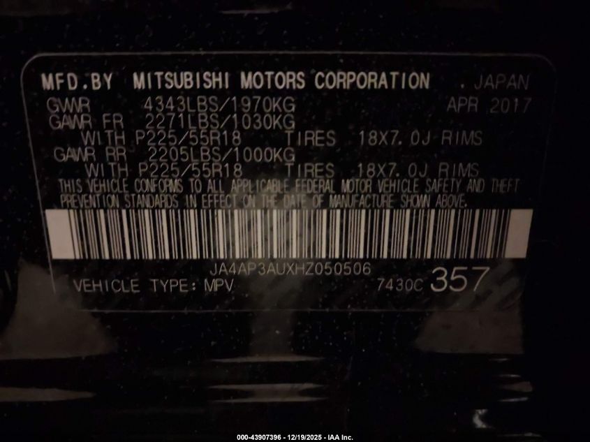 2017 Mitsubishi Outlander Sport 2.0 Le VIN: JA4AP3AUXHZ050506 Lot: 43907396