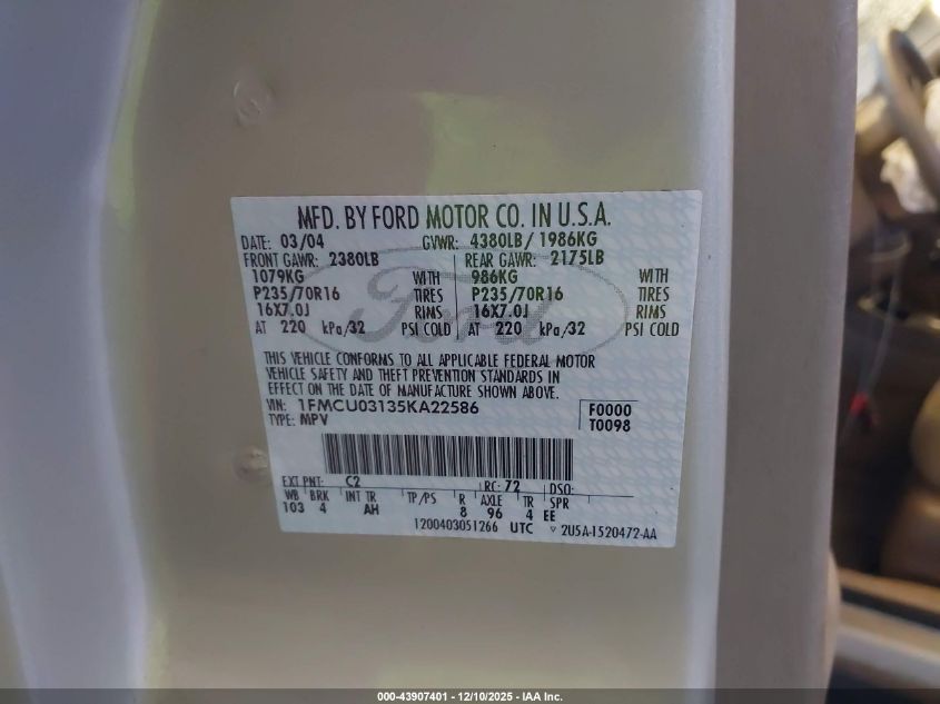 2005 Ford Escape Xlt VIN: 1FMCU03135KA22586 Lot: 43907401