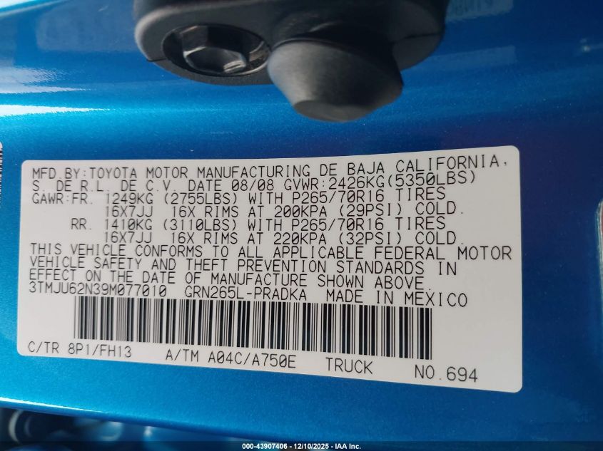 2009 Toyota Tacoma Prerunner V6 VIN: 3TMJU62N39M077010 Lot: 43907406