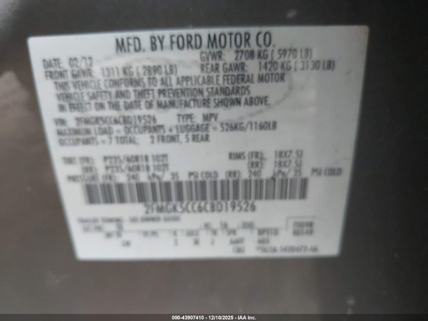 2012 Ford Flex Sel VIN: 2FMGK5CC6CBD19526 Lot: 43907410