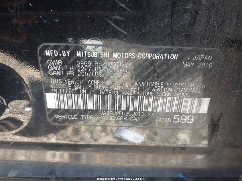 2016 Mitsubishi Lancer Es VIN: JA32U2FU2GU012137 Lot: 43907421