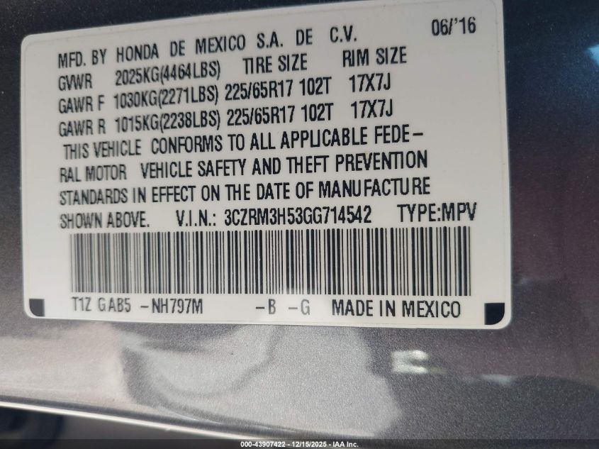 2016 Honda Cr-V Ex VIN: 3CZRM3H53GG714542 Lot: 43907422