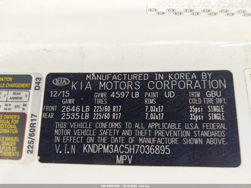 2017 Kia Sportage Lx VIN: KNDPM3AC5H7036895 Lot: 43907426