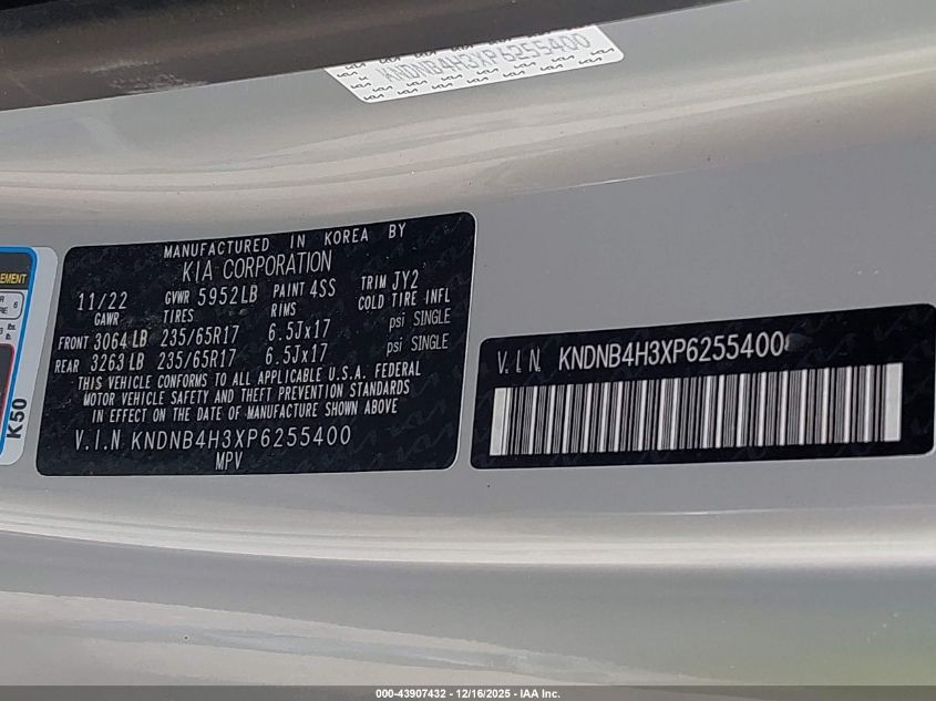 2023 Kia Carnival Mpv Lx Seat Package VIN: KNDNB4H3XP6255400 Lot: 43907432