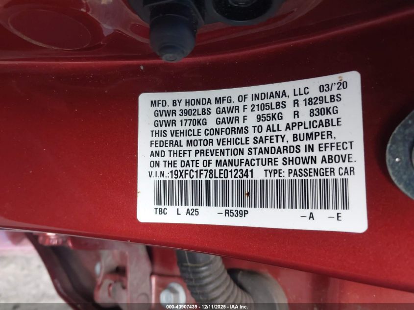 2020 Honda Civic Ex-L VIN: 19XFC1F78LE012341 Lot: 43907439