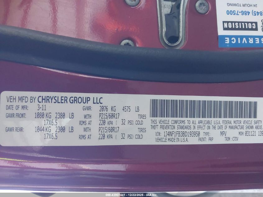 2011 Jeep Compass VIN: 1J4NF1FB3BD193950 Lot: 43907441