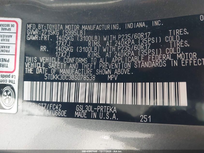 2011 Toyota Sienna Le V6 VIN: 5TDKK3DC3BS078538 Lot: 43907449