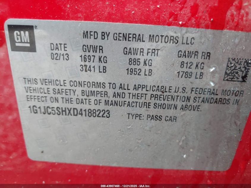 2013 Chevrolet Sonic Lt Auto VIN: 1G1JC5SHXD4188223 Lot: 43907468