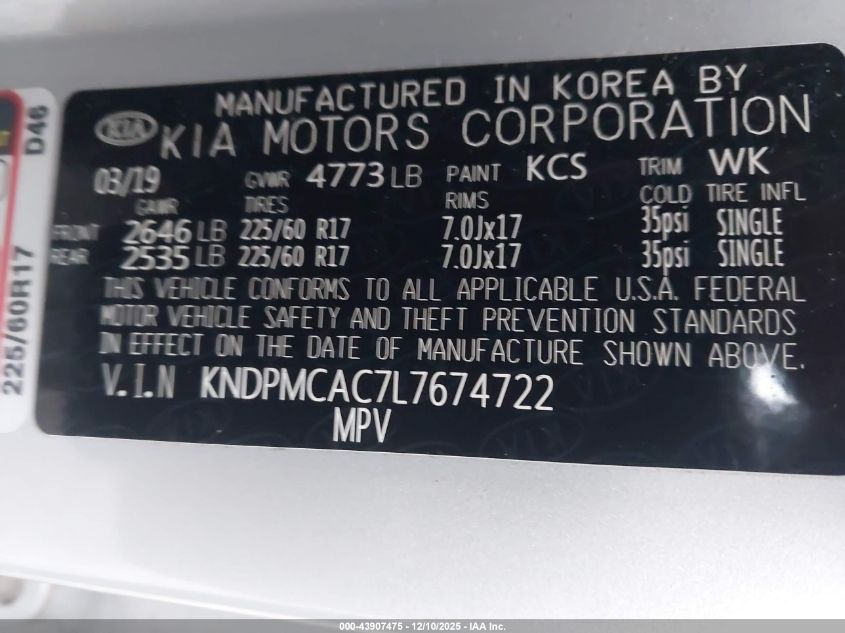 2020 Kia Sportage Lx VIN: KNDPMCAC7L7674722 Lot: 43907475