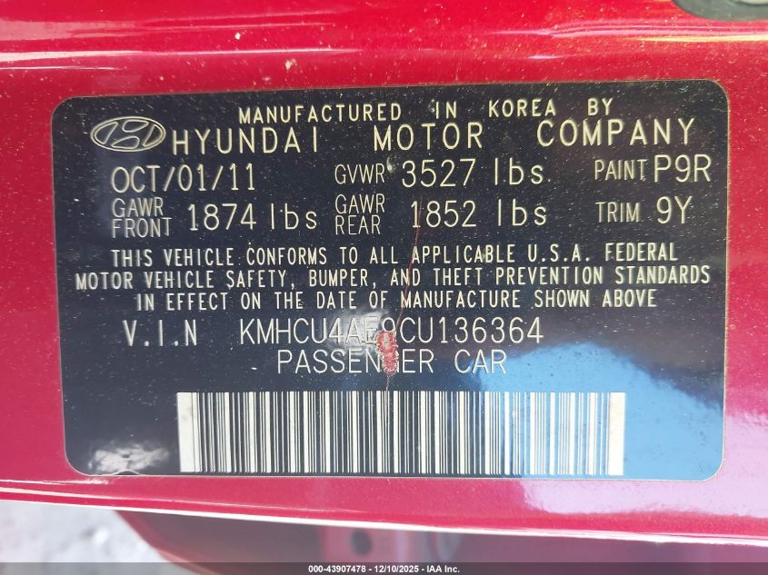 2012 Hyundai Accent Gls VIN: KMHCU4AE9CU136364 Lot: 43907478
