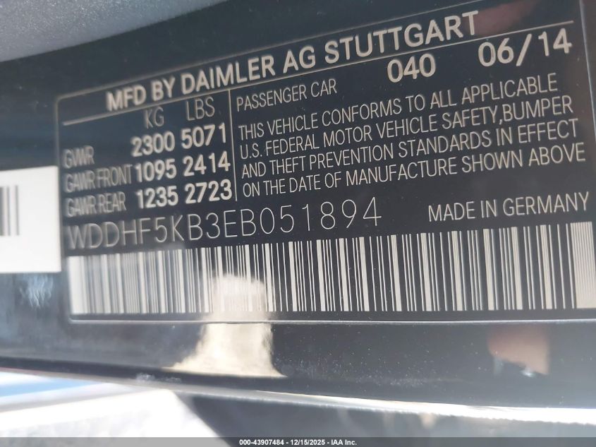 2014 Mercedes-Benz E 350 VIN: WDDHF5KB3EB051894 Lot: 43907484