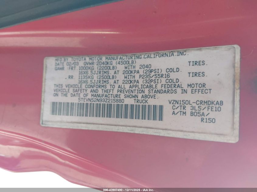 2003 Toyota Tacoma S-Runner VIN: 5TEVN52N93Z215880 Lot: 43907490