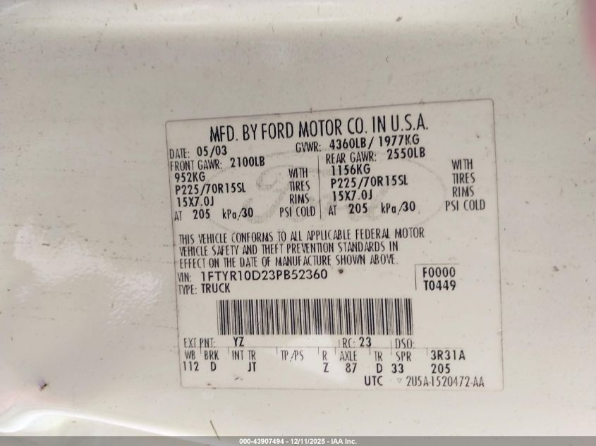 2003 Ford Ranger Xl/Xlt VIN: 1FTYR10D23PB52360 Lot: 43907494