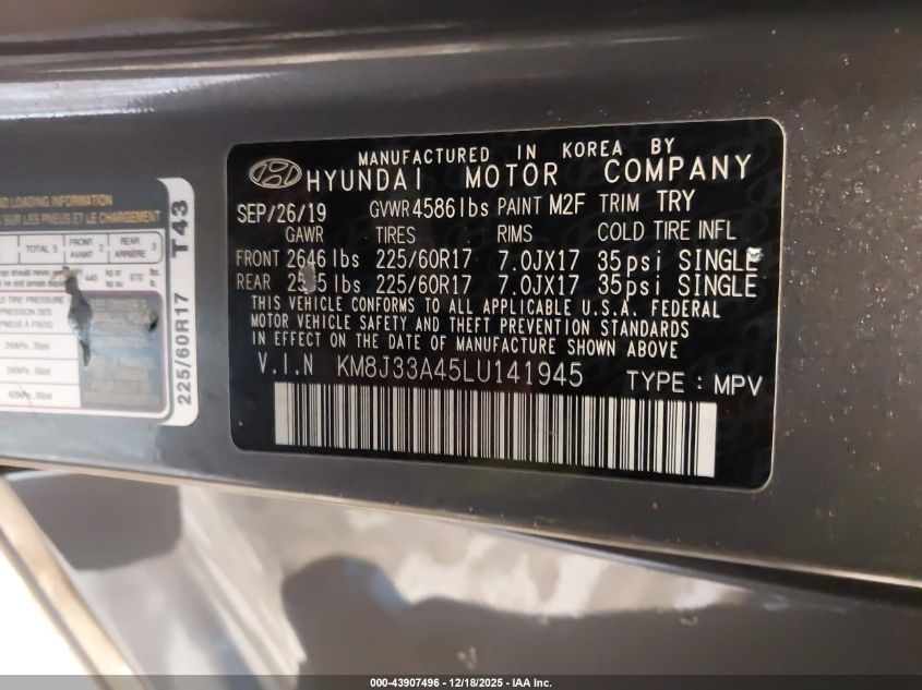 2020 Hyundai Tucson Value VIN: KM8J33A45LU141945 Lot: 43907496