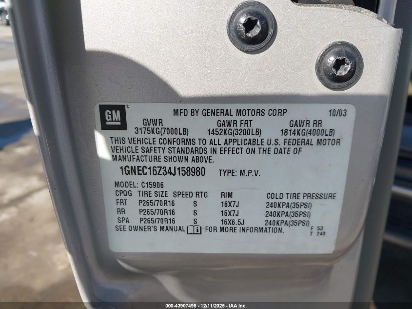 2004 Chevrolet Suburban 1500 Ls VIN: 1GNEC16Z34J158980 Lot: 43907498