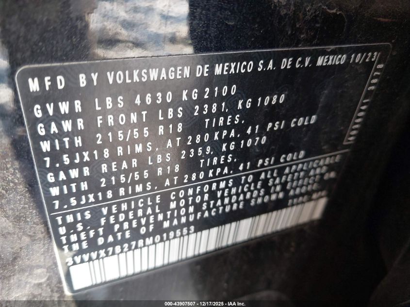 2024 Volkswagen Taos 1.5T Se VIN: 3VVVX7B27RM019553 Lot: 43907507