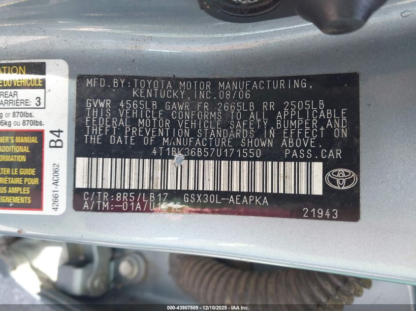 2007 Toyota Avalon Limited VIN: 4T1BK36B57U171550 Lot: 43907509