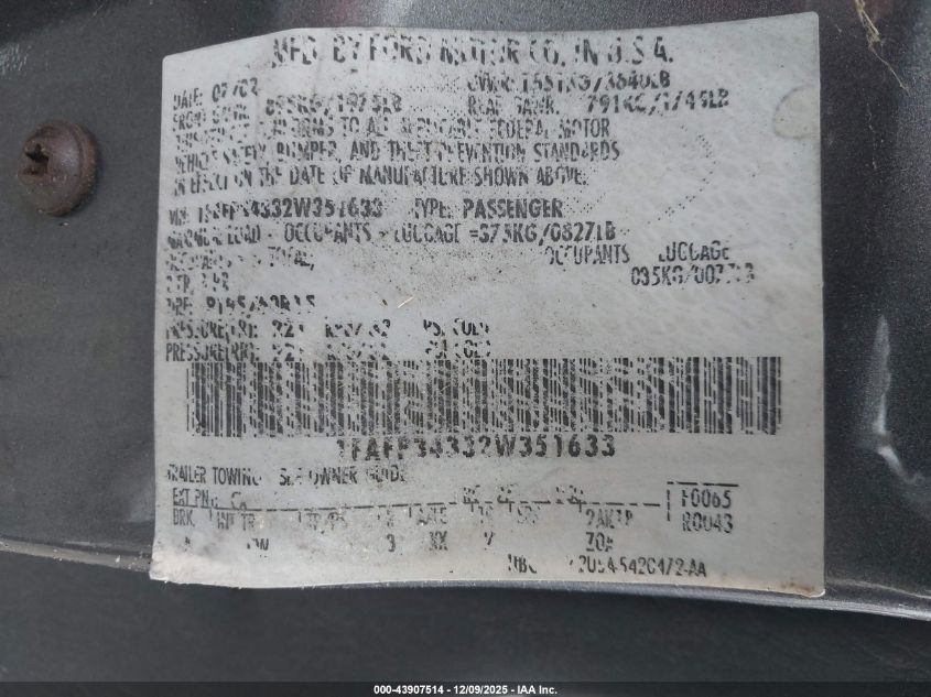 2002 Ford Focus Se VIN: 1FAFP34332W351633 Lot: 43907514