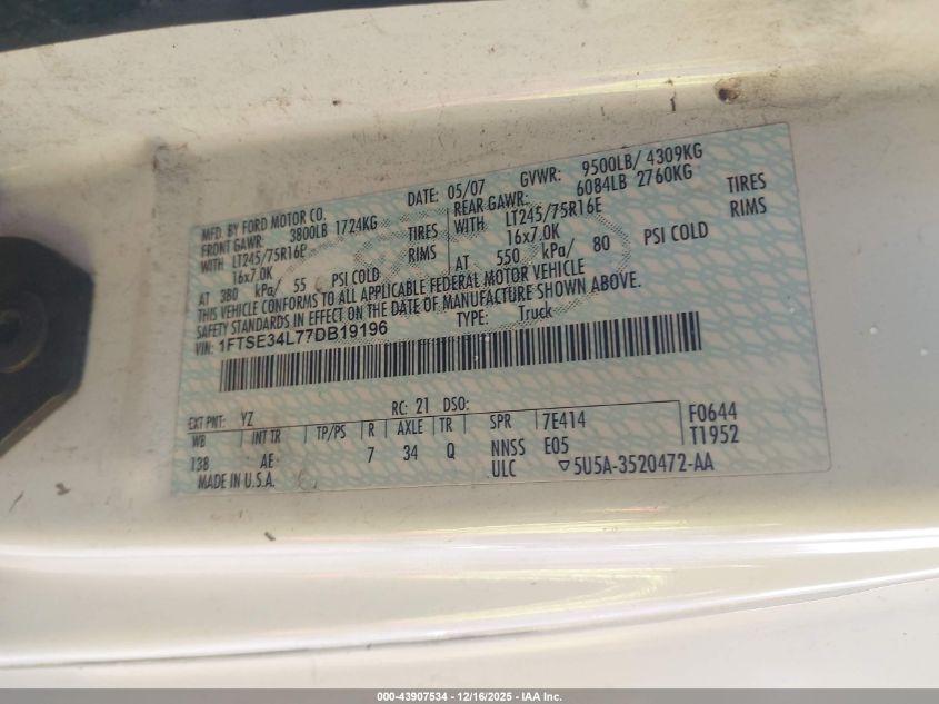 2007 Ford E-350 Super Duty Commercial/Recreational VIN: 1FTSE34L77DB19196 Lot: 43907534