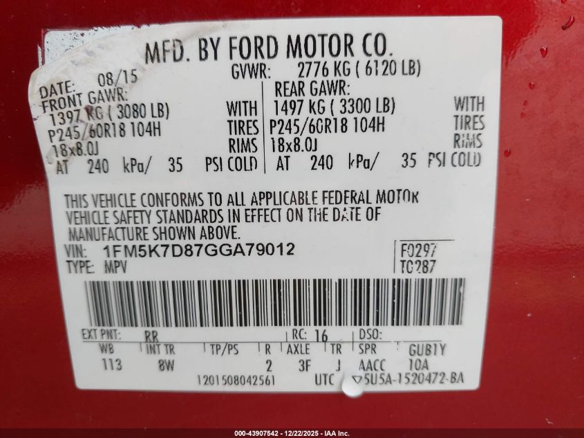 2016 Ford Explorer Xlt VIN: 1FM5K7D87GGA79012 Lot: 43907542