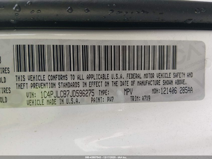 2018 Jeep Cherokee Latitude Fwd VIN: 1C4PJLCB7JD596275 Lot: 43907543