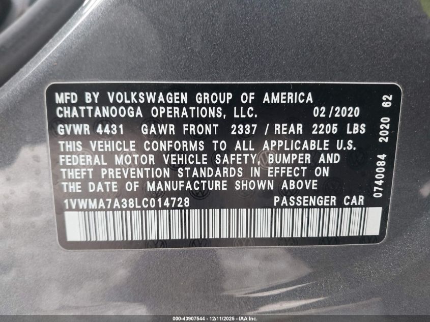 2020 Volkswagen Passat 2.0T R-Line VIN: 1VWMA7A38LC014728 Lot: 43907544