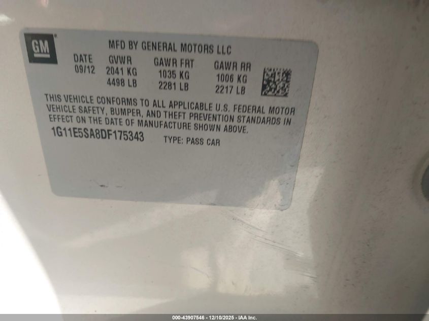 2013 Chevrolet Malibu 2Lt VIN: 1G11E5SA8DF175343 Lot: 43907546