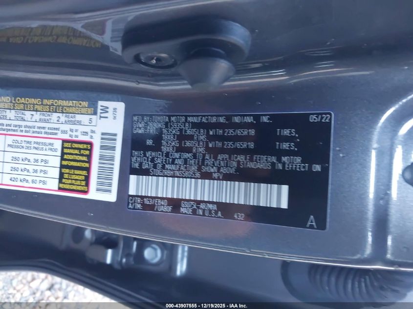 2022 Toyota Highlander Xle VIN: 5TDGZRBH1NS580536 Lot: 43907555