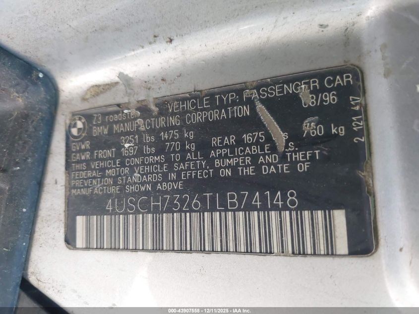 1996 BMW Z3 1.9 VIN: 4USCH7326TLB74148 Lot: 43907558