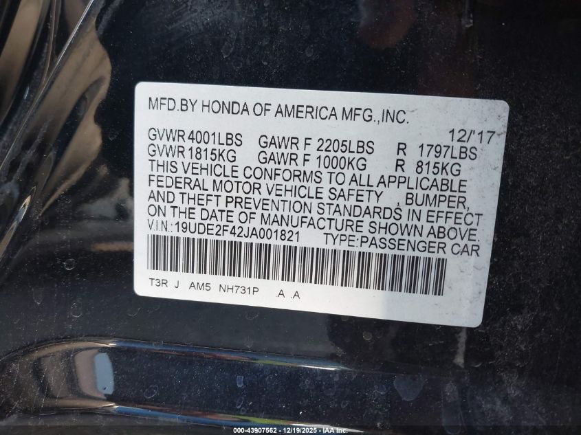 2018 Acura Ilx Special Edition VIN: 19UDE2F42JA001821 Lot: 43907562