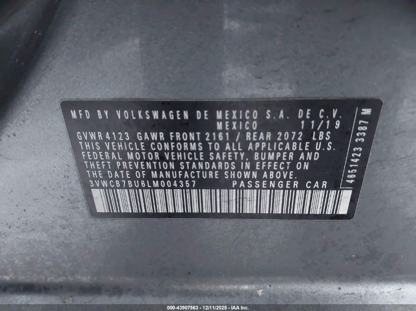 2020 Volkswagen Jetta 1.4T R-Line/1.4T S/1.4T Se VIN: 3VWCB7BU6LM004357 Lot: 43907563