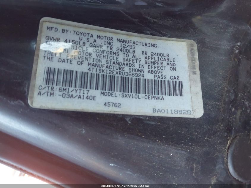 1994 Toyota Camry Le VIN: 4T1SK12EXRU366924 Lot: 43907572