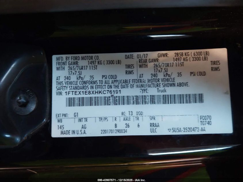 2017 Ford F-150 Xl VIN: 1FTEX1E8XHKC76191 Lot: 43907571