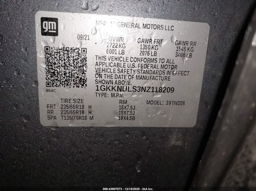 2022 GMC Acadia Awd Slt VIN: 1GKKNULS3NZ118209 Lot: 43907573