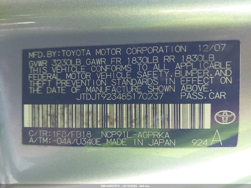 2008 Toyota Yaris VIN: JTDJT923485170237 Lot: 43907575