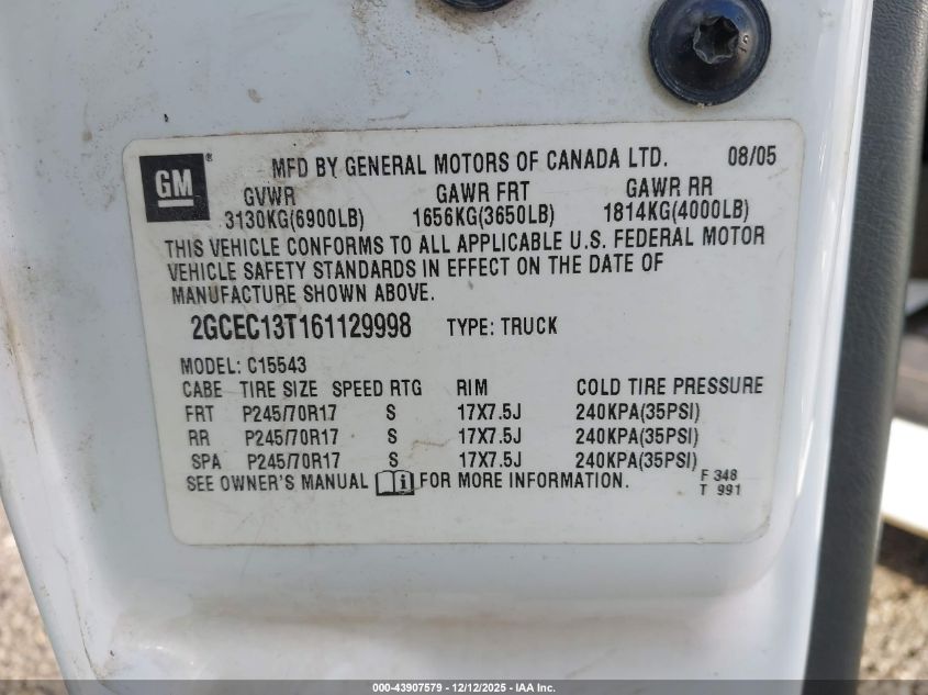 2006 Chevrolet Silverado 1500 Lt1 VIN: 2GCEC13T161129998 Lot: 43907579