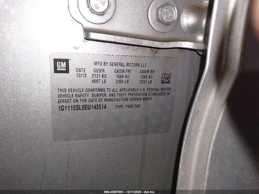 2014 Chevrolet Impala 1Lt VIN: 1G1115SL0EU143514 Lot: 43907581