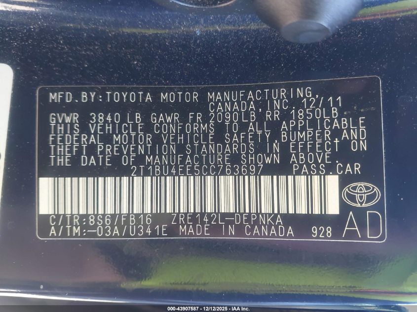 2012 Toyota Corolla Le VIN: 2T1BU4EE5CC763697 Lot: 43907587