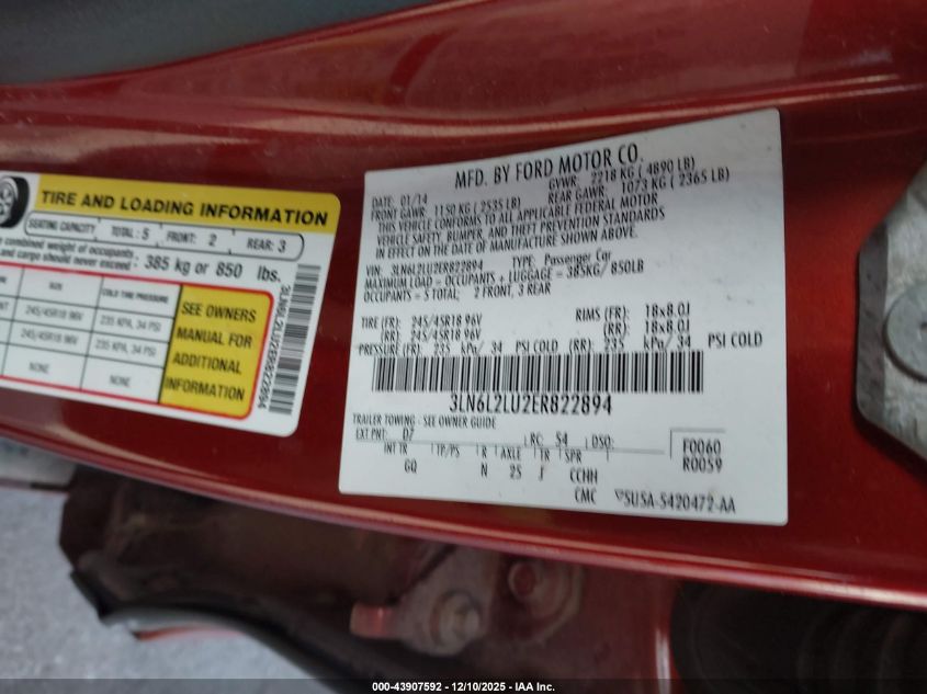 2014 Lincoln Mkz Hybrid VIN: 3LN6L2LU2ER822894 Lot: 43907592